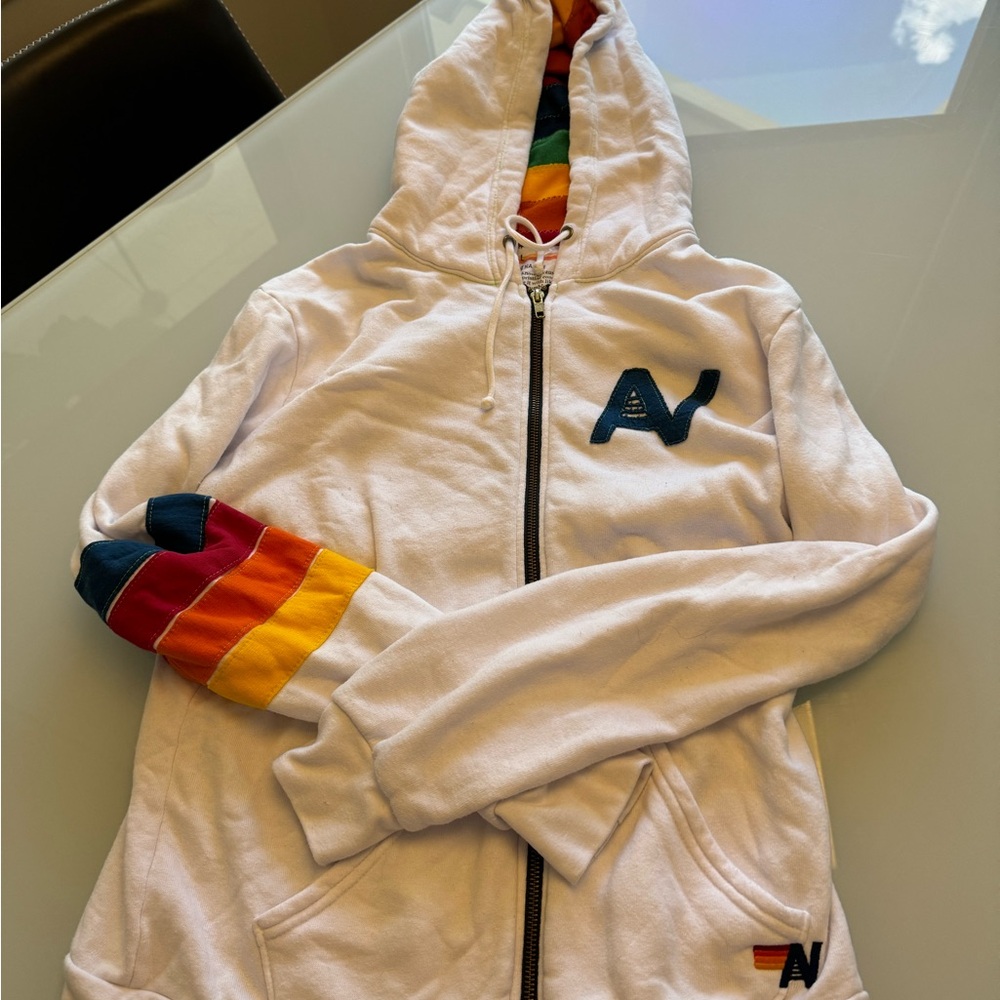 Aviator Nation White Zip Up Hoodie Sweatshirt/Size Large